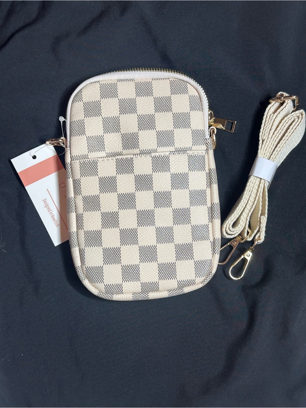 Checkered Cream and Black Faux Leather Crossbody